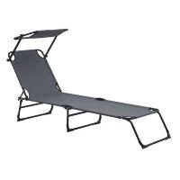 Bain de soleil transat chaise longue pliable avec pare soleil acier pvc polyester 187 cm gris foncé 