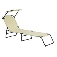 Bain de soleil transat chaise longue pliable avec pare-soleil acier PVC polyester 187 cm crème 03_00