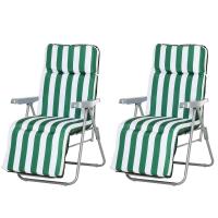 Lot de 2 chaise longue bain de soleil adjustable pliable transat lit de jardin en acier vert + blanc