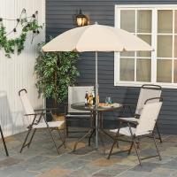 Ensemble salon de jardin 6 pcs - table ronde + 4 chaises pliables + parasol - acier époxy café texti