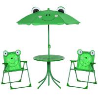 Ensemble salon de jardin enfant 4 pcs design grenouille - table ronde + 2 chaises pliables + parasol