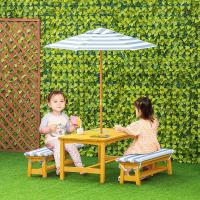 Ensemble salon de jardin enfant 4 pièces style pique-nique - 2 bancs, table, parasol - sapin lasuré 