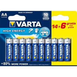 Lot de 14 piles alcalines High Energy VARTA AA / LR6 + 6 gratuites