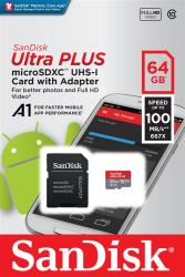 Carte Mémoire Sandisk ultra PLUS MicroSDXC 64Go 100Mo/seconde UHS-I avec adaptateur SD