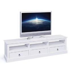 Meuble TV en pin massif coloris blanc, 173 x 39 x 45 cm -PEGANE-