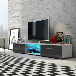 Meuble TV / Banc TV - EDITH - 140 cm - blanc mat / gris brillant - avec LED - style moderne - Selsey