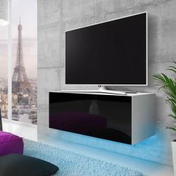 Meuble TV suspendu - LANA - 100 cm - blanc mat / noir brillant - éclairage LED bleu - style moderne - Selsey