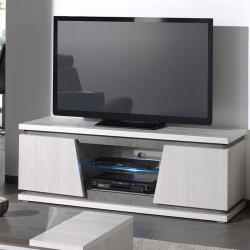Meuble TV moderne couleur chêne blanc et gris DALIE - L 150 x P 49 x H 55 cm - Nouvomeuble