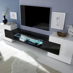 Meuble tv design blanc et noir laqué LUXOR - L 258 x P 37 x H 61 cm - Nouvomeuble