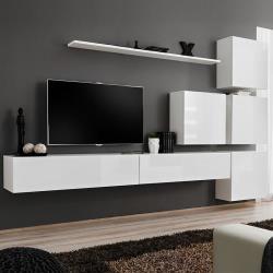 Meuble TV blanc suspendu design ROTELLO 3 - L 310 x P 40 x H 200 cm - Nouvomeuble