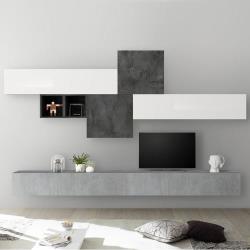 Meuble mural TV gris et blanc laqué PULSANO - L 275 x P 300 x H 200 cm - Nouvomeuble