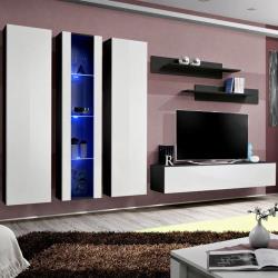 Meuble TV complet blanc et noir ORLANDO - L 310 x P 40 x H 190 cm - Nouvomeuble