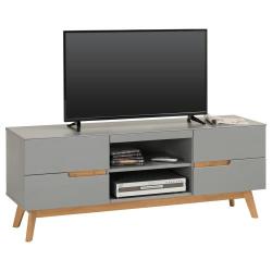 Meuble TV TIBOR banc télé de 149 cm au style scandinave design vintage nordique avec 4 tiroirs 2 niches, en pi