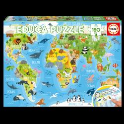 Puzzle 150 pièces Mappemonde animauc - Educa