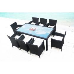 Malibu 8 : table de jardin 8 personnes + 8 fauteuils en résine tressée noire poly rottin 200347 - CONCEPT-USINE