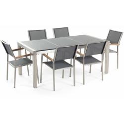 Table de jardin plateau granit gris poli 180 cm 6 chaises grises grosseto 34408 - BELIANI
