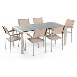Table de jardin plateau granit gris poli 180 cm 6 chaises beiges grosseto 34406 - BELIANI